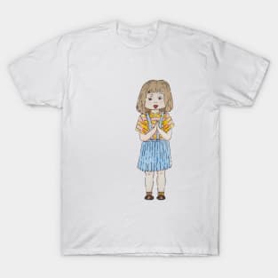 Cute little girl with brown hair and blue skirt T-Shirt